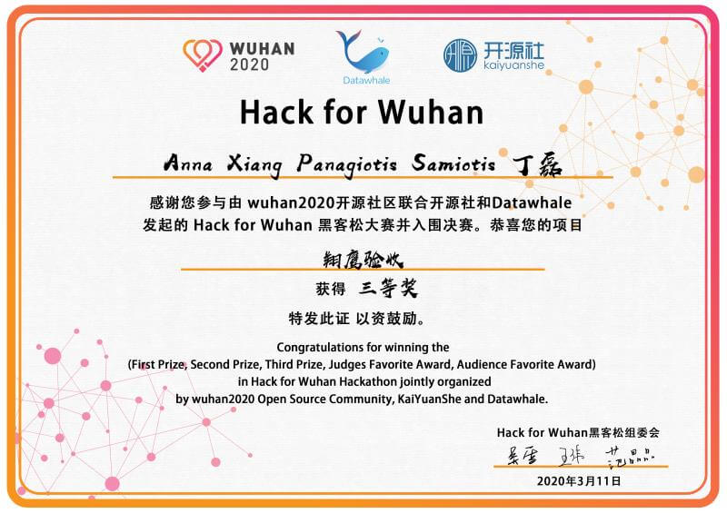 3rd Place Award from Hack for Wuhan