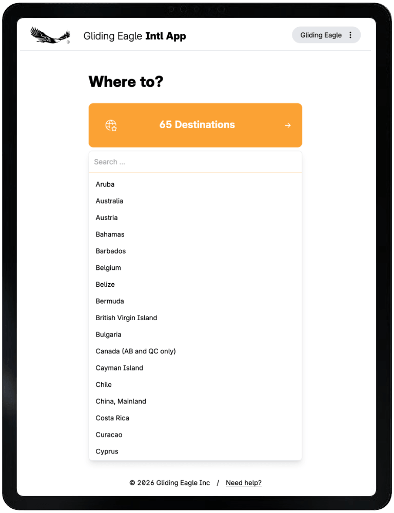 Intl App destination picker showing 65 available destinations