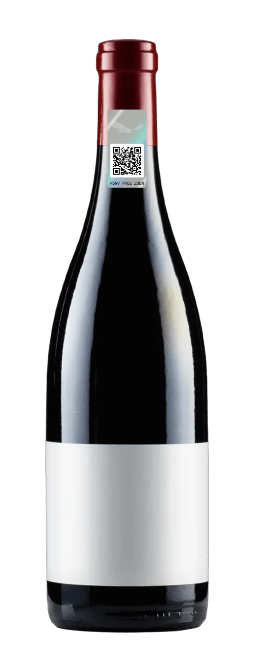 Wine bottle with label showing unique ID